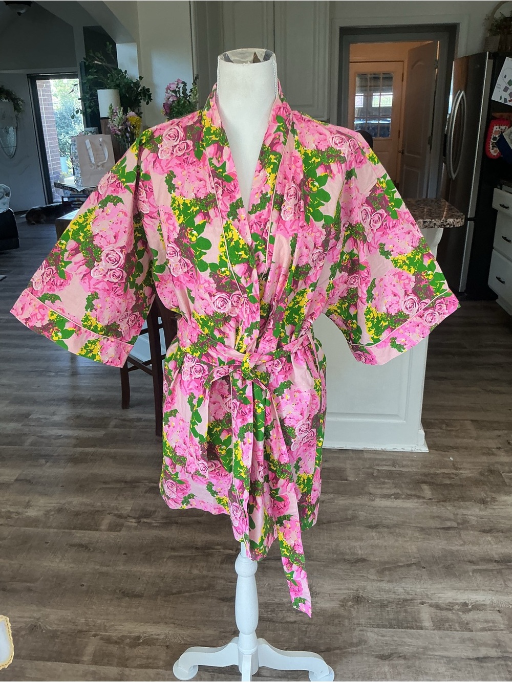 8 Oak Lane Rose Garden Kimono Robe S/M Pink Green Floral Cotton Wrap Short Belt